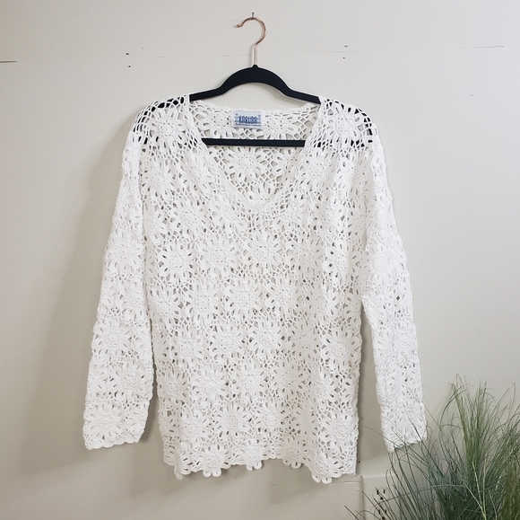 Vintage Sweaters - Vintage 1990s Crochet White Floral Cover-Up Sweater V-Neck Boho Bohemian Swim